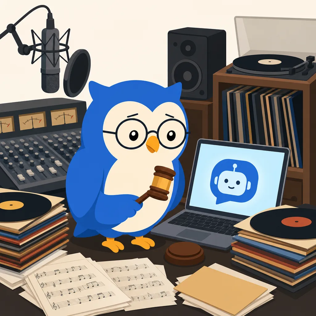 Quill the owl illustration for Sony Music and Warner Sue Anthropic Over Alleged Song Piracy