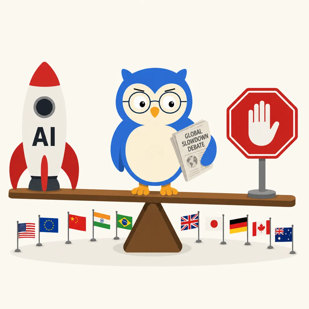 Quill the owl illustration for AI's Biggest Names Say Slow Down. Washington and Beijing Say No Thanks.